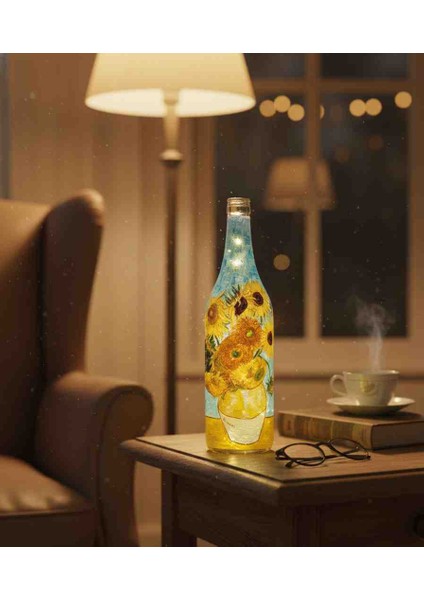 LED Işıklı Sanat Şişesi - Van Gogh Ayçiçekleri Temalı Dekoratif Cam Lamba fiyatları