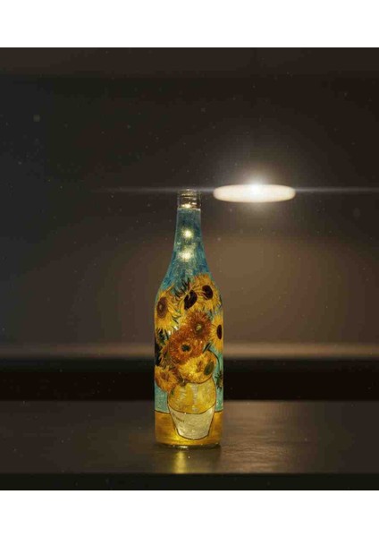 LED Işıklı Sanat Şişesi - Van Gogh Ayçiçekleri Temalı Dekoratif Cam Lamba modelleri