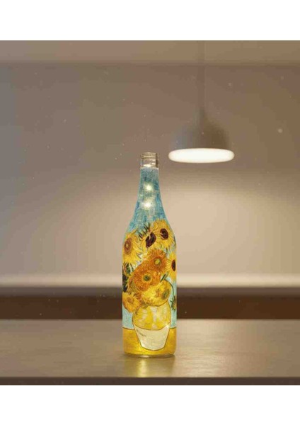 LED Işıklı Sanat Şişesi - Van Gogh Ayçiçekleri Temalı Dekoratif Cam Lamba fırsatları
