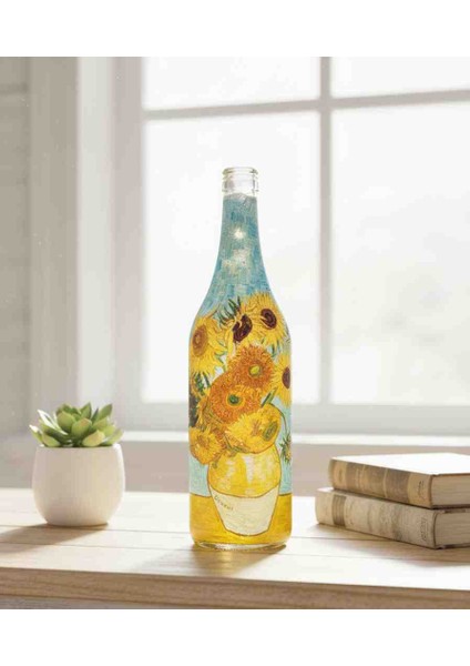 LED Işıklı Sanat Şişesi - Van Gogh Ayçiçekleri Temalı Dekoratif Cam Lamba indirimleri