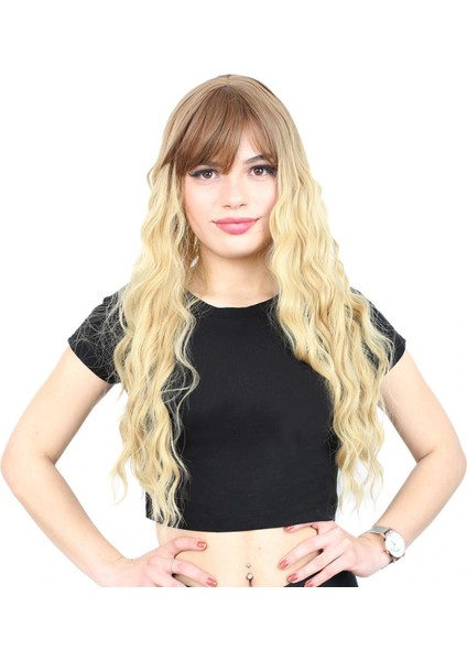 Perçemli Uzun Su Dalgası Fiber Sentetik Peruk - Kumral / Sarı Ombreli