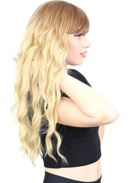 Perçemli Uzun Su Dalgası Fiber Sentetik Peruk - Kumral / Sarı Ombreli fırsatları