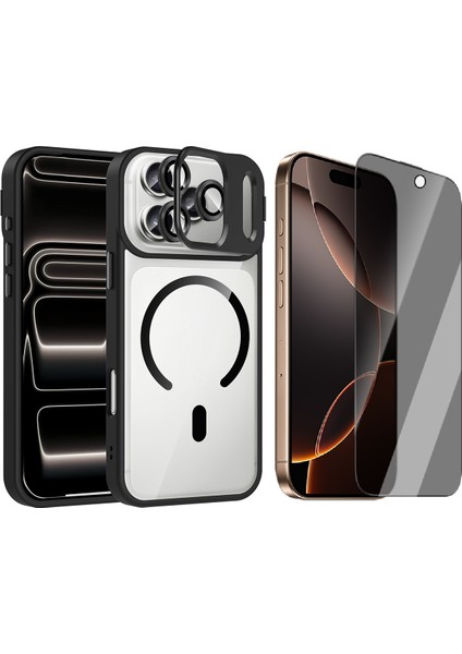 iPhone 17 Pro Kılıf Standlı ve Kamera Lens Hediyeli M-Safe Şarj Özellikli Zore Etro Kapak + Hayalet Ekran Koruyucu