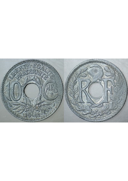 Fransa 10 Centimes 1941 Ikinci Dünya Savaşı Nazi Işgali Dönemi Çinko. Çilaltı.