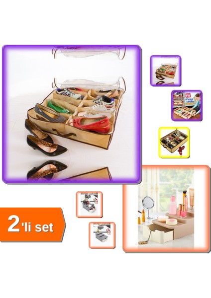 12 Bölmeli Ayakkabı Saklama Çantası + Compact Çekmeceli Makyaj Organizeri - Pratik Set ABC123