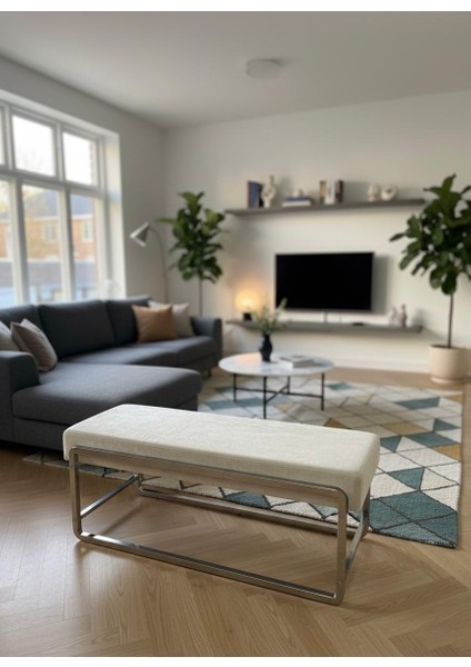 Elora Krom Metal Ayaklı Bej Puf / Bench