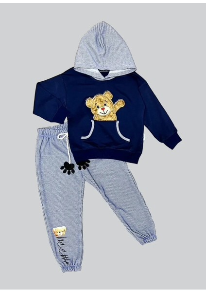 Litaetrend 2-3-4 Yaş Pelüş Ayı Desenli Kapşonlu Uzun Kollu Penye Sweat 2li Erkek Çocuk Takımı Lacivert