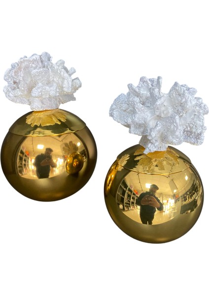 Gold Renk Dekoratif Mercan Obje 2’li Set – Beyaz ve Gold Renk Seçenekli Lüks Masa Üstü Ev Dekoru