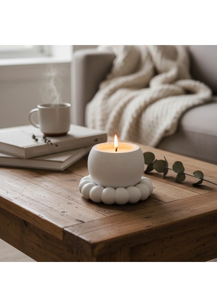 El Yapımı Beton Küre Mumluk ve Baloncuk Tepsisi Seti, Modern Ev Dekorasyonu