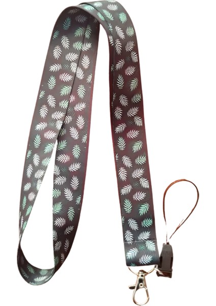 Lacivert Zemin Yeşil Yapraklar 2 Desenli Boyun Askı Ipi ve Telefon Askısı + Kartlık