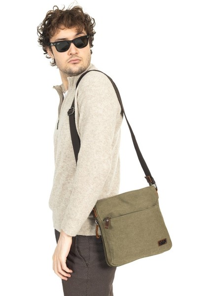 Omuz Askılı Çok Gözlü Kanvas Postacı Çantası Haki