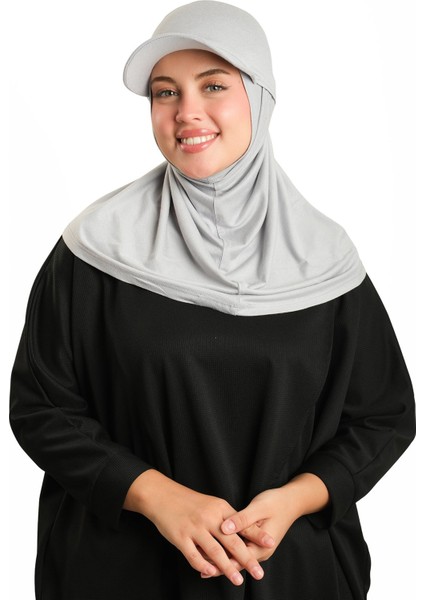 Gri Pratik Hazır Geçmeli Şapkalı Tesettür Eşarp Viskon Düz 2513_15