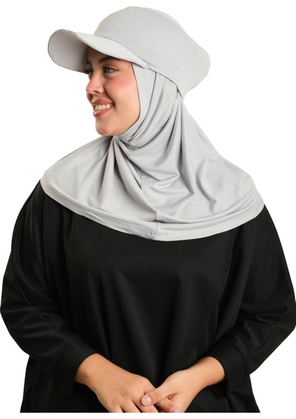 Gri Pratik Hazır Geçmeli Şapkalı Tesettür Eşarp Viskon Düz 2513_15 fiyatları