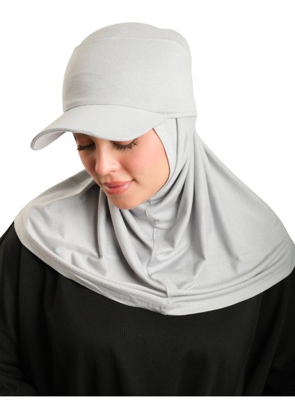 Gri Pratik Hazır Geçmeli Şapkalı Tesettür Eşarp Viskon Düz 2513_15 modelleri