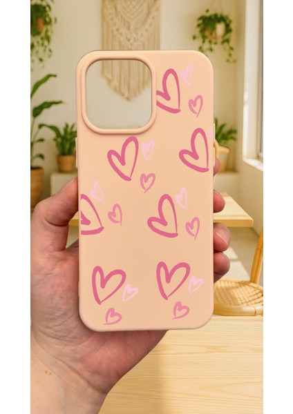 iPhone 15 Pro Max - Pembe Kalp Desenli Silikon Darbe Emici Klasik Korumalı Rubber Kılıf fiyatları