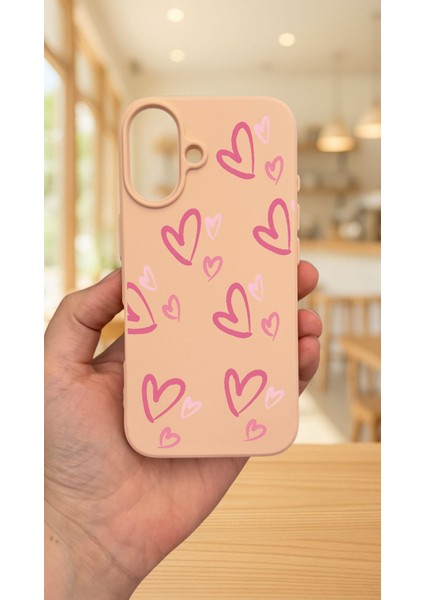 iPhone 16 Plus -Pembe Kalp Desenli Silikon Darbe Emici Klasik Korumalı Rubber Kılıf fiyatları