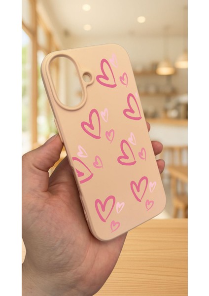 iPhone 16 Plus -Pembe Kalp Desenli Silikon Darbe Emici Klasik Korumalı Rubber Kılıf modelleri