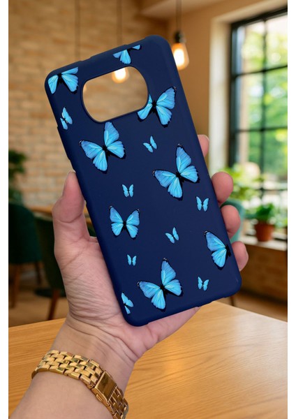 Poco X3 ve X3 Pro -Mavi Kelebek Desenli Silikon Darbe Emici Klasik Korumalı Rubber Kılıf