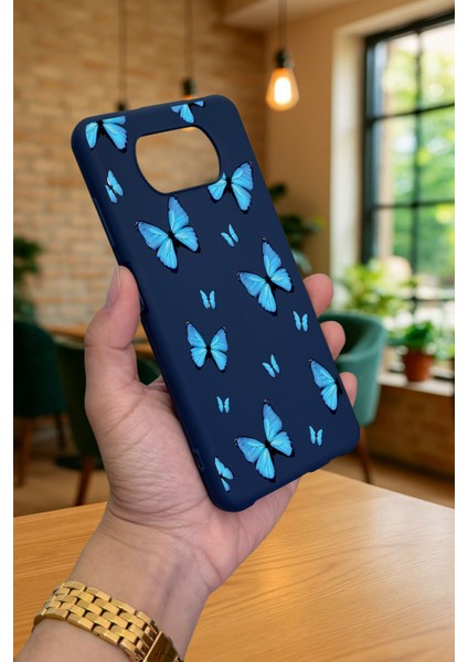 Poco X3 ve X3 Pro -Mavi Kelebek Desenli Silikon Darbe Emici Klasik Korumalı Rubber Kılıf modelleri