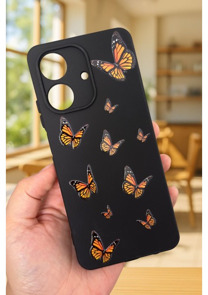Realme Note 60 Uyumlu Turuncu Kelebek Desenli Silikon Darbe Emici Klasik Korumalı Rubber Kılıf