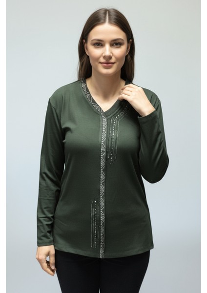 Kadın Önü Kapalı Düğme Detaylı Taşlı Nergis Mevsimlik Bluz indirimleri