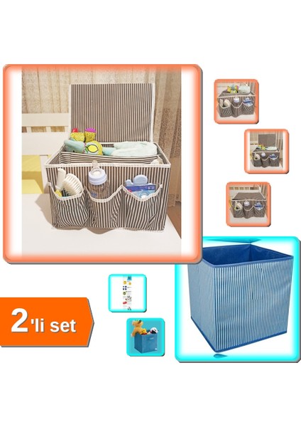 Bebek Beşik Başucu Düzenleyici Organizer + Mavi Çizgili Dolap Içi Kutu 2li Set - Düzenli Alanlar Tm9