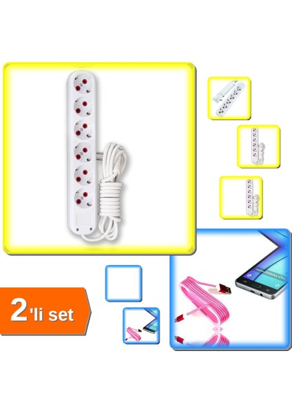 3 Mt. Kablolu 6'lı Topraklı Grup Priz + Android Örgü Şeklinde Renkli Çelik Şarj Data Kablosu - Pembe ABC789