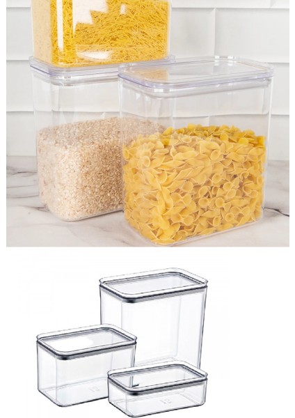 3 Adet 3 Boy Akrilik Kavanoz Saklama Kabı Vakumlu Dikdörtgen Erzak Bakliyat Kabı (800-1700-3500 Ml)