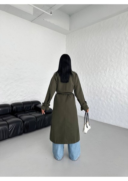 Kruvaze Yaka Astarlı Haki Trençkot