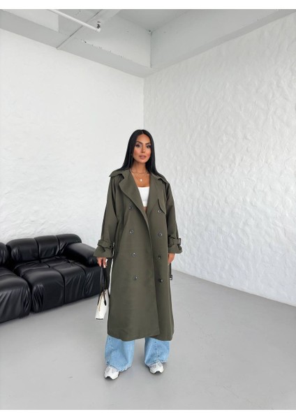 Kruvaze Yaka Astarlı Haki Trençkot modelleri
