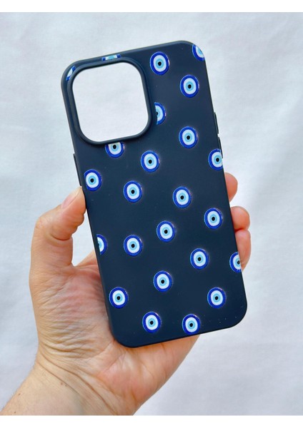 iPhone 15 Pro Max -Nazar Boncuk Desenli Silikon Darbe Emici Klasik Korumalı Rubber Kılıf