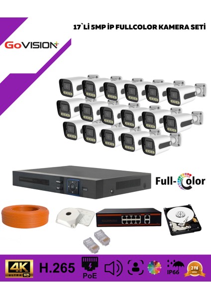 Go Vision 17'li Güvenlik Ip Kamera Seti - 5mp Dış Mekan Kamera, 3.6mm Lens, H.265, Poe, Warm LED Gece Görüşlü