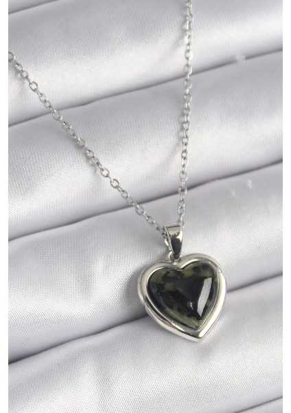 Bfs 316L Çelik Gümüş Renk Yeşil Mineli Kalp Model Kadın Kolye