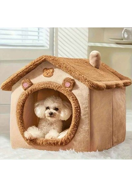 Katlanabilir Fiber Yumuşak Kedi ve Köpek Evi – Çıkarılabilir Minderli, Yıkanabilir, Kışlık Pet Yatak L 45X40X45