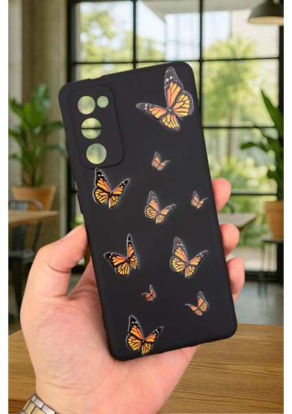 Samsung Galaxy S20 Fe - Turuncu Kelebek Desenli Silikon Darbe Emici Klasik Korumalı Rubber Kılıf