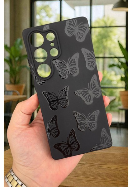 Samsung Galaxy S25 Ultra -Siyah Kelebek Desenli Silikon Darbe Emici Klasik Korumalı Rubber Kılıf