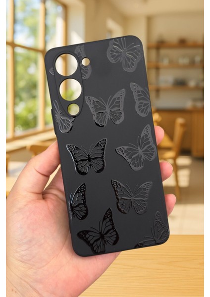 Vivo Y19 Uyumlu Siyah Kelebek Desenli Silikon Darbe Emici Klasik Korumalı Rubber Kılıf