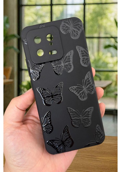 Xiaomi Mi 13 Uyumlu Siyah Kelebek Desenli Silikon Darbe Emici Klasik Korumalı Rubber Kılıf