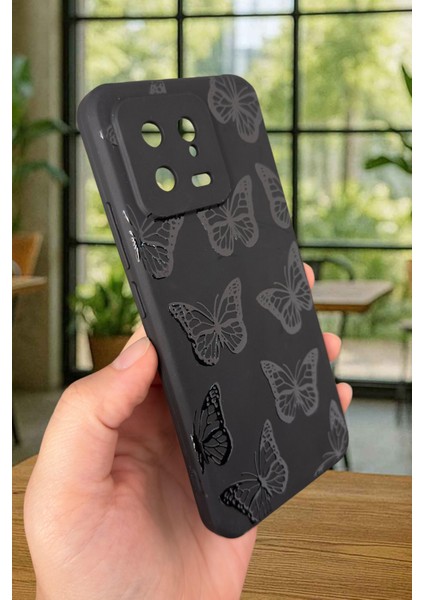 Xiaomi Mi 13 Uyumlu Siyah Kelebek Desenli Silikon Darbe Emici Klasik Korumalı Rubber Kılıf modelleri
