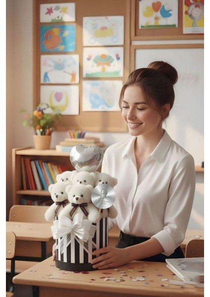 Öğretmen'e Hediye: Atatürk Temalı Aynalı Çizgili Premium Kutuda, Kalpli Balonlu 6’lı Beyaz Ayıcık Buketi-24 Kasım Öğretmenler Günü Hediyesi fiyatları