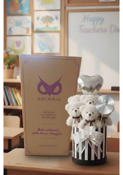 Öğretmen'e Hediye: Atatürk Temalı Aynalı Çizgili Premium Kutuda, Kalpli Balonlu 6’lı Beyaz Ayıcık Buketi-24 Kasım Öğretmenler Günü Hediyesi fırsatları