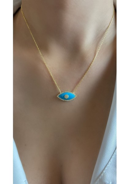 Turkuaz Taşlı Altın Kaplama Nazar Göz Figürlü 925 Ayar Gümüş Kolye