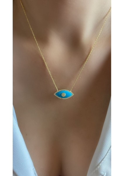 Turkuaz Taşlı Altın Kaplama Nazar Göz Figürlü 925 Ayar Gümüş Kolye fiyatları