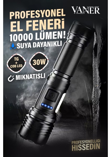 10000 Lümen 30W Zoomlu Mıknatıslı Cob LED Powerbank Özellikli Şarjlı Profesyonel El Feneri