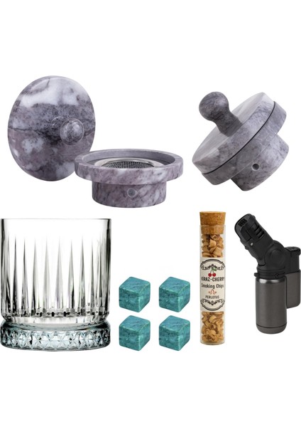 Kulplu Kapak Mermer Kokteyl Viski Tütsüleme Seti (Talaş, Pürmüz, Bardak, Viski Taş)