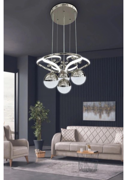 Hemera Modern Kumandalı LED Sarkıt Avize 3 Renk 4 Bölmeli Krom Kaplamalı Toplu Kelebek Taşlı