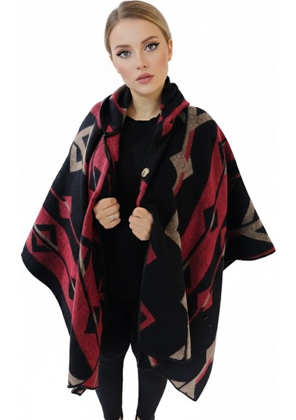 Kırmızı Bej Siyah Etnik Tasarım Desenli Yünlü Sıcak Tutan Kapüşonlu Unisex Kampçı Panço Kışlık Şal