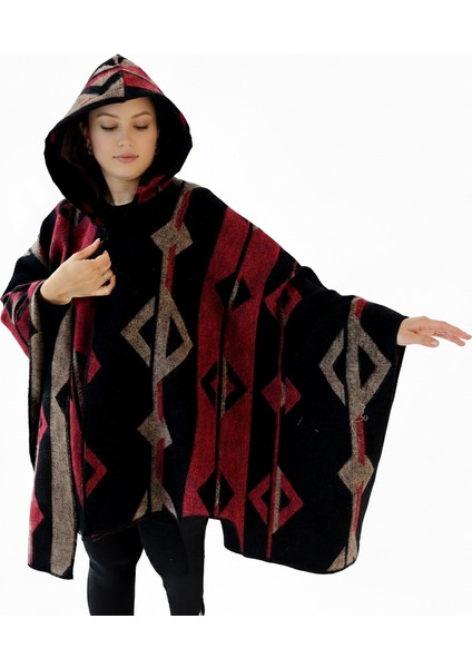 Kırmızı Bej Siyah Etnik Tasarım Desenli Yünlü Sıcak Tutan Kapüşonlu Unisex Kampçı Panço Kışlık Şal fiyatları
