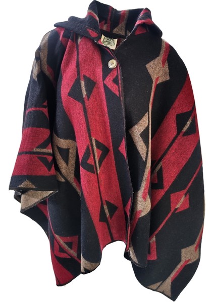 Kırmızı Bej Siyah Etnik Tasarım Desenli Yünlü Sıcak Tutan Kapüşonlu Unisex Kampçı Panço Kışlık Şal fırsatları