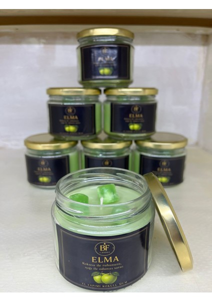 El Yapımı Yeşil Elma Kokulu Mum Kalıcı ve Yoğun Koku Cam Kavanozda Dekoratif Mum